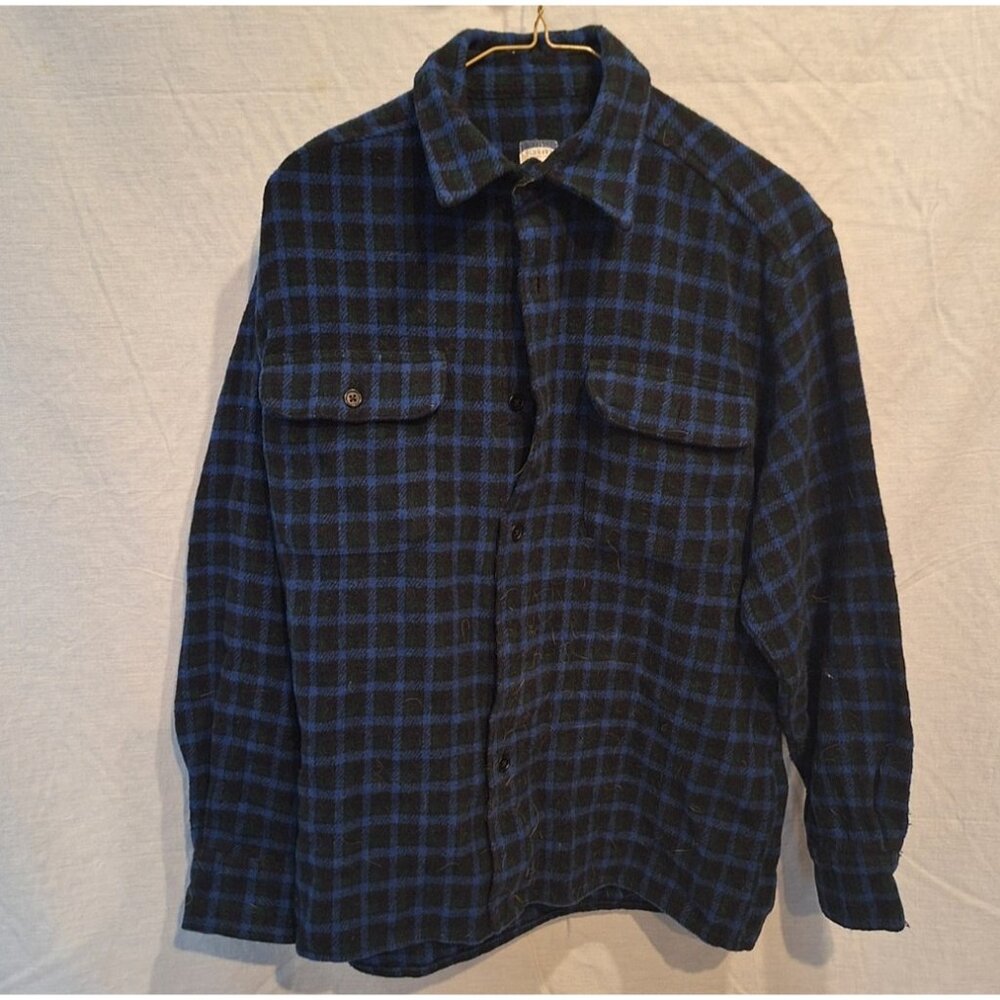 Vintage Old Navy Flannel Shirt Mens S Blue Plaid Double Flap Pocket Wool 90s
